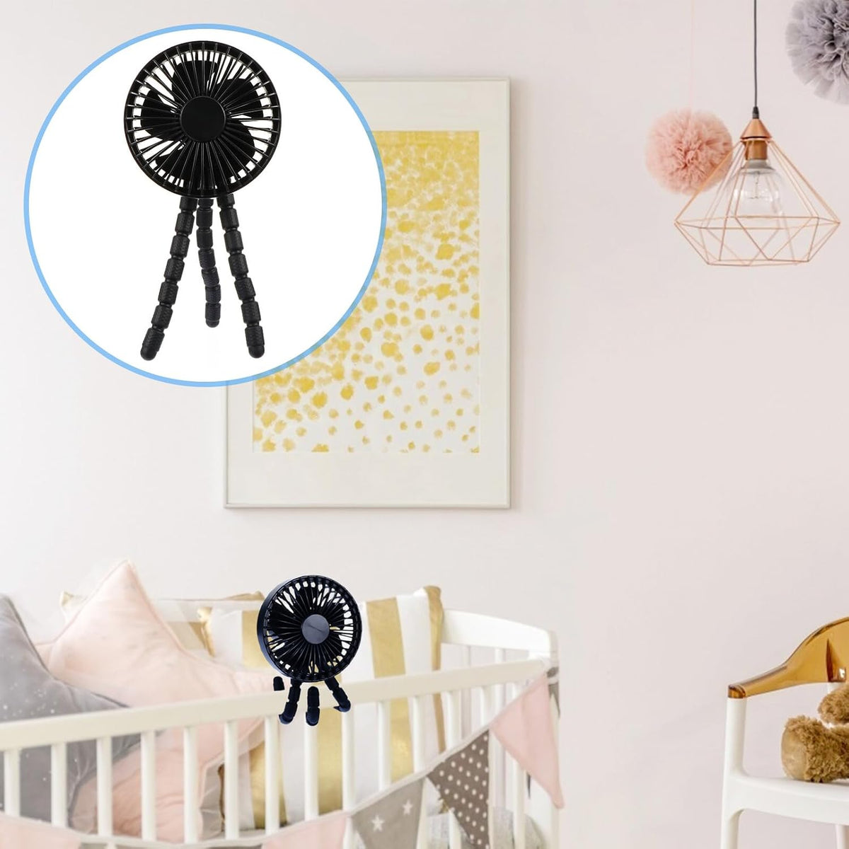 Mini Fan Rechargeable Silent Flexible Tripod for Stroller Black