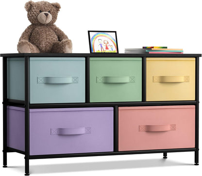Kids Dresser with 5 Fabric Drawers & Wood Top (Multi Color/White)