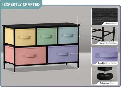 Kids Dresser with 5 Fabric Drawers & Wood Top (Multi Color/White)