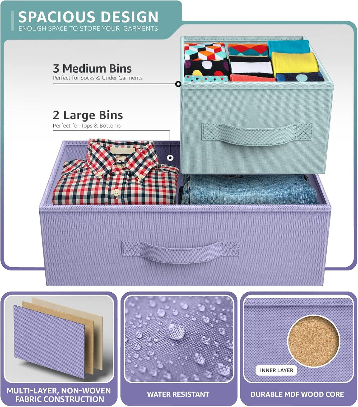 Kids Dresser with 5 Fabric Drawers & Wood Top (Multi Color/White)