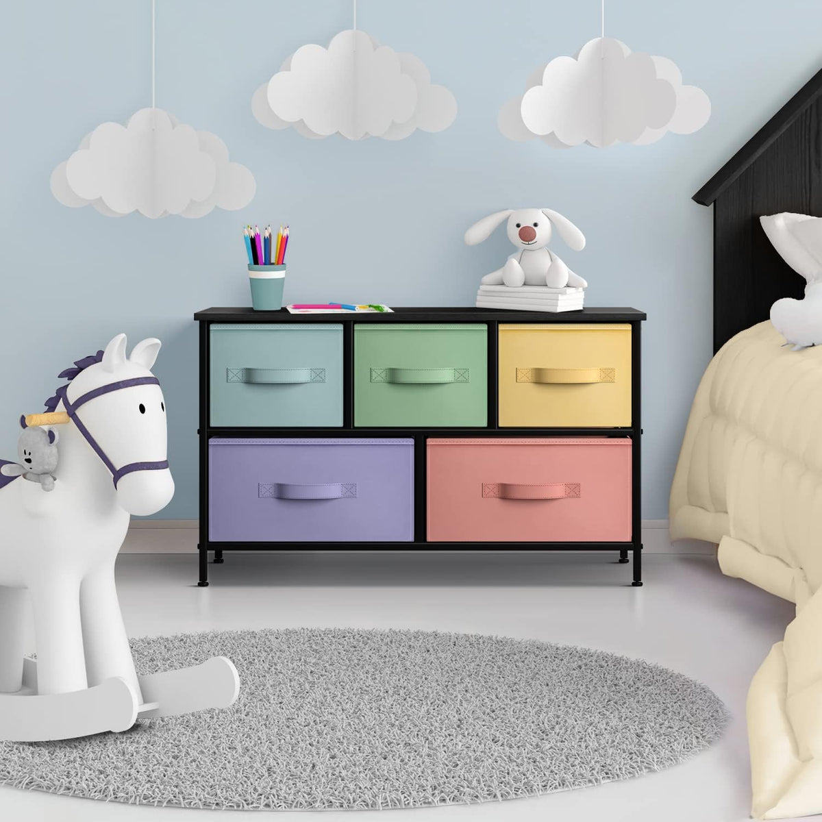 Kids Dresser with 5 Fabric Drawers & Wood Top (Multi Color/White)