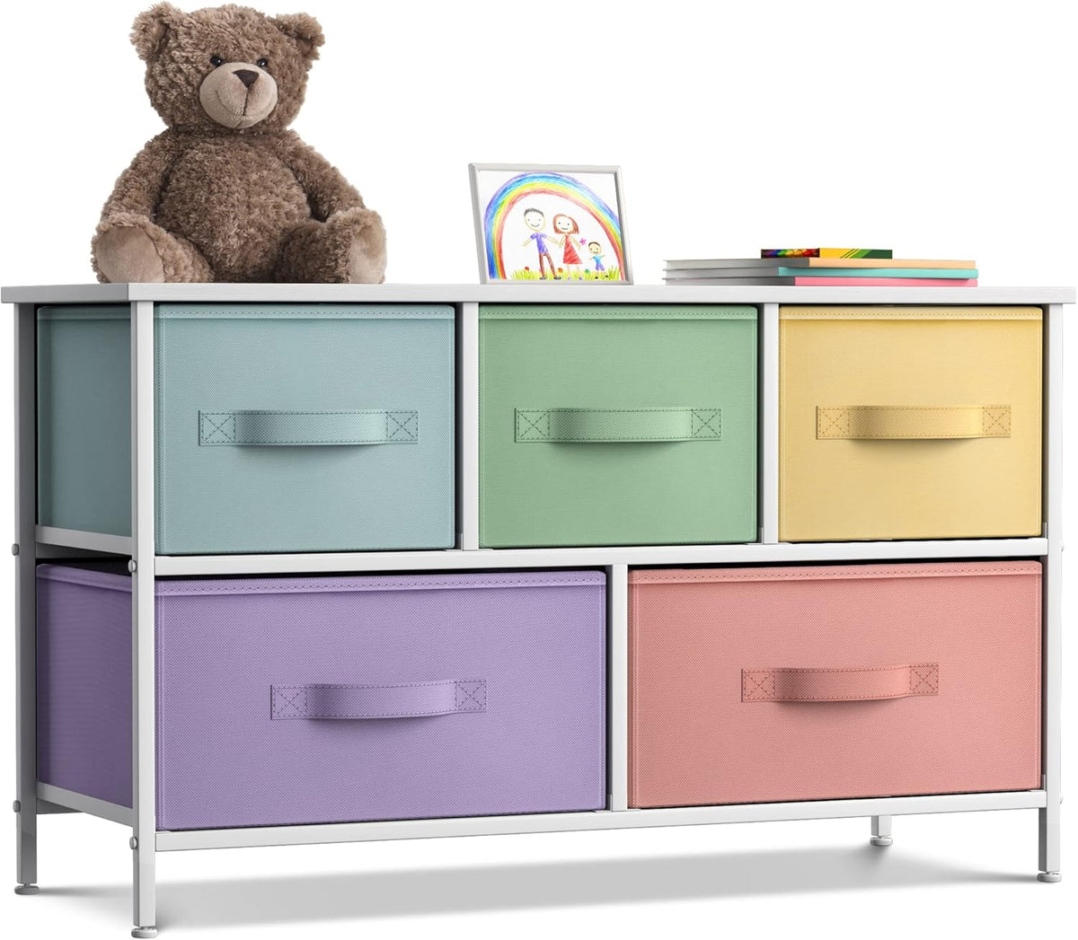 Kids Dresser with 5 Fabric Drawers & Wood Top (Multi Color/White)