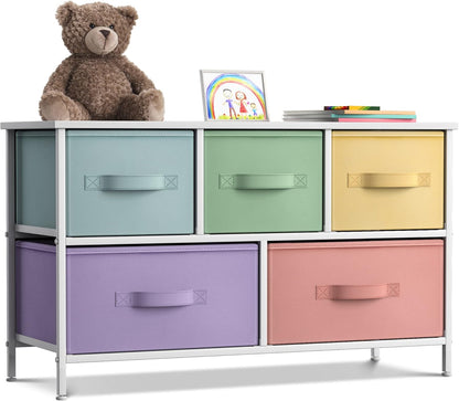 Kids Dresser with 5 Fabric Drawers & Wood Top (Multi Color/White)