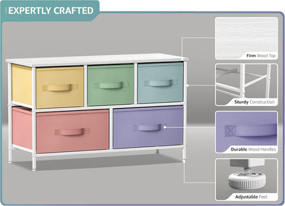 Kids Dresser with 5 Fabric Drawers & Wood Top (Multi Color/White)