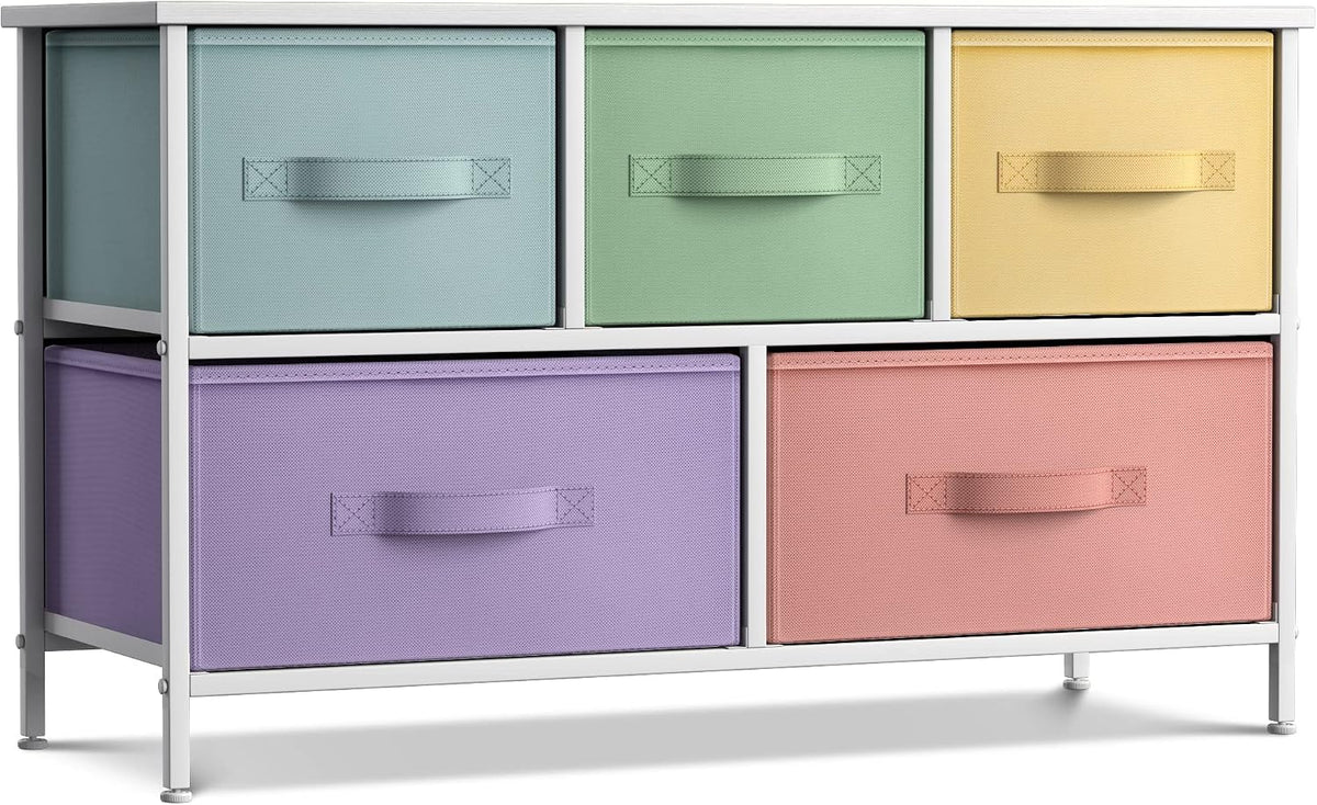 Kids Dresser with 5 Fabric Drawers & Wood Top (Multi Color/White)