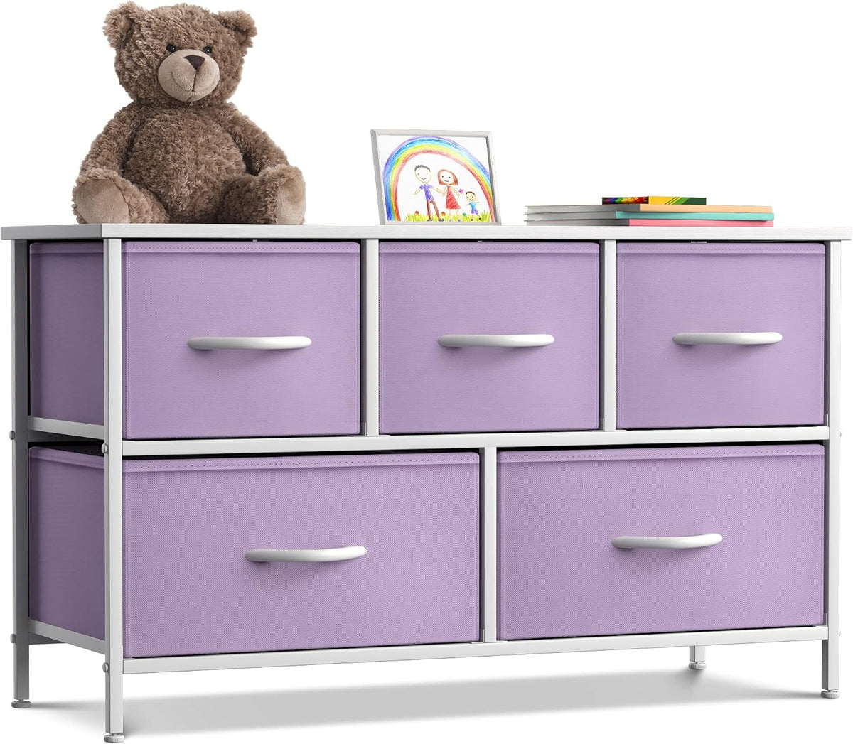 Kids Dresser with 5 Fabric Drawers & Wood Top (Multi Color/White)
