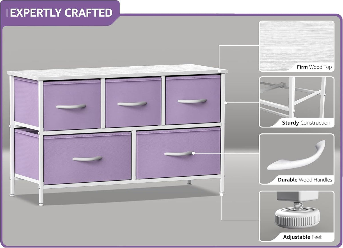 Kids Dresser with 5 Fabric Drawers & Wood Top (Multi Color/White)