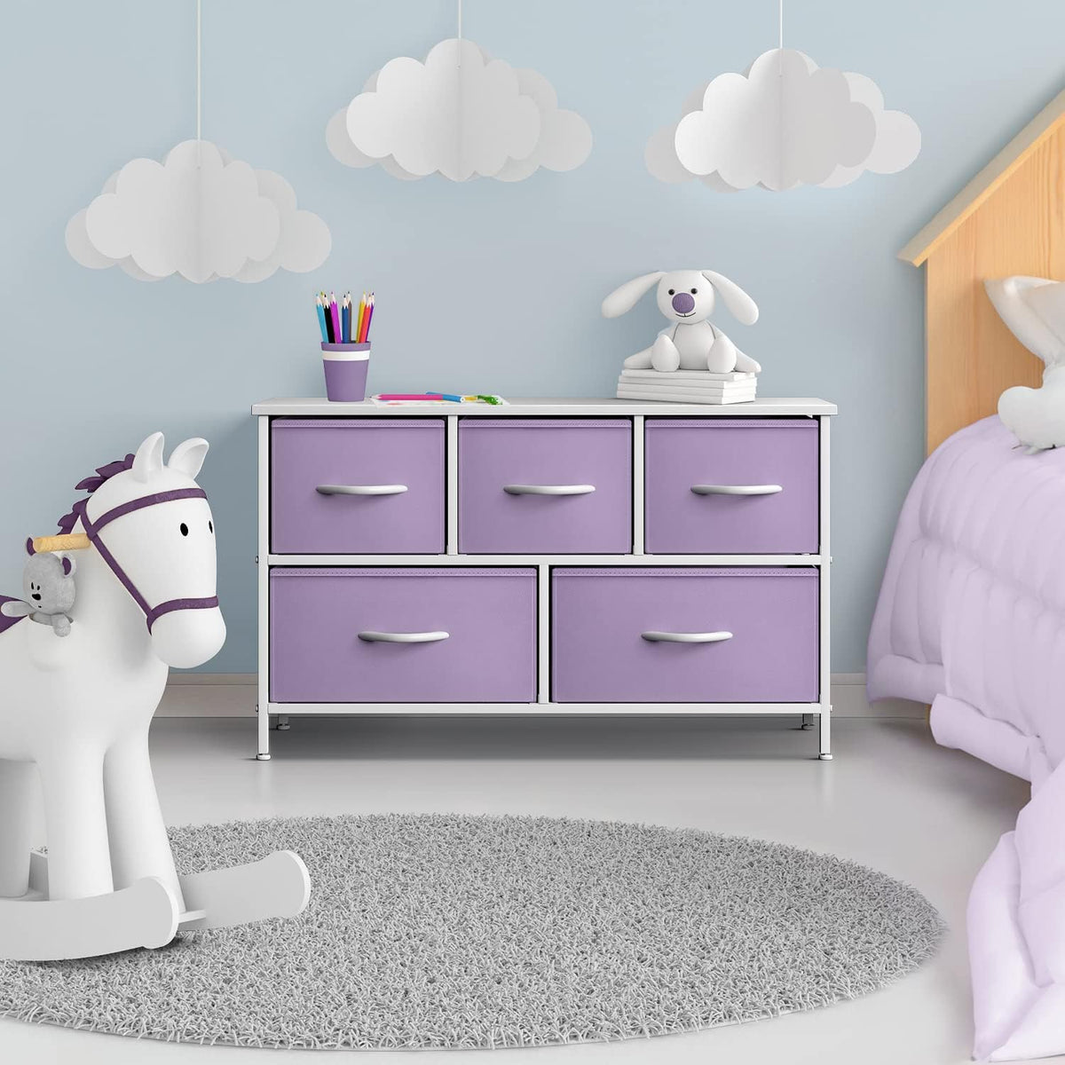 Kids Dresser with 5 Fabric Drawers & Wood Top (Multi Color/White)