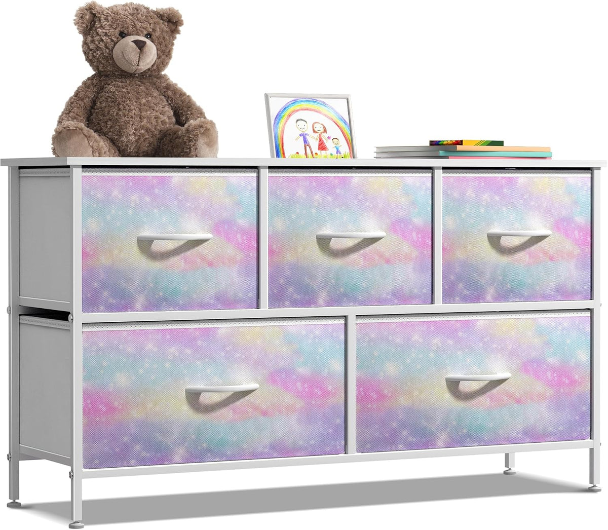 Kids Dresser with 5 Fabric Drawers & Wood Top (Multi Color/White)
