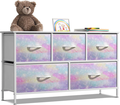Kids Dresser with 5 Fabric Drawers & Wood Top (Multi Color/White)