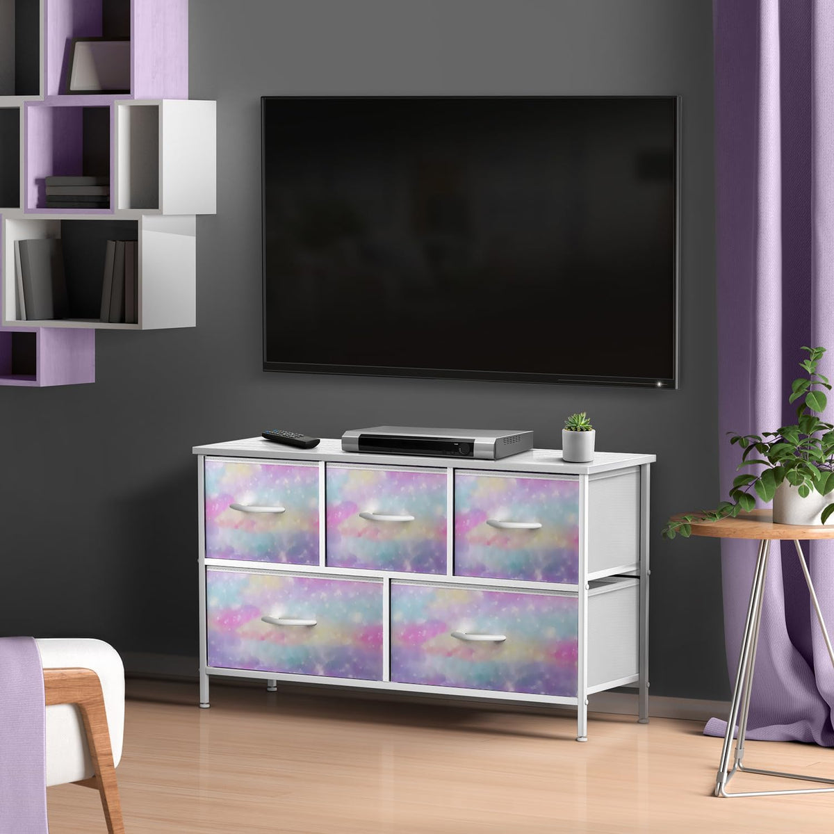 Kids Dresser with 5 Fabric Drawers & Wood Top (Multi Color/White)