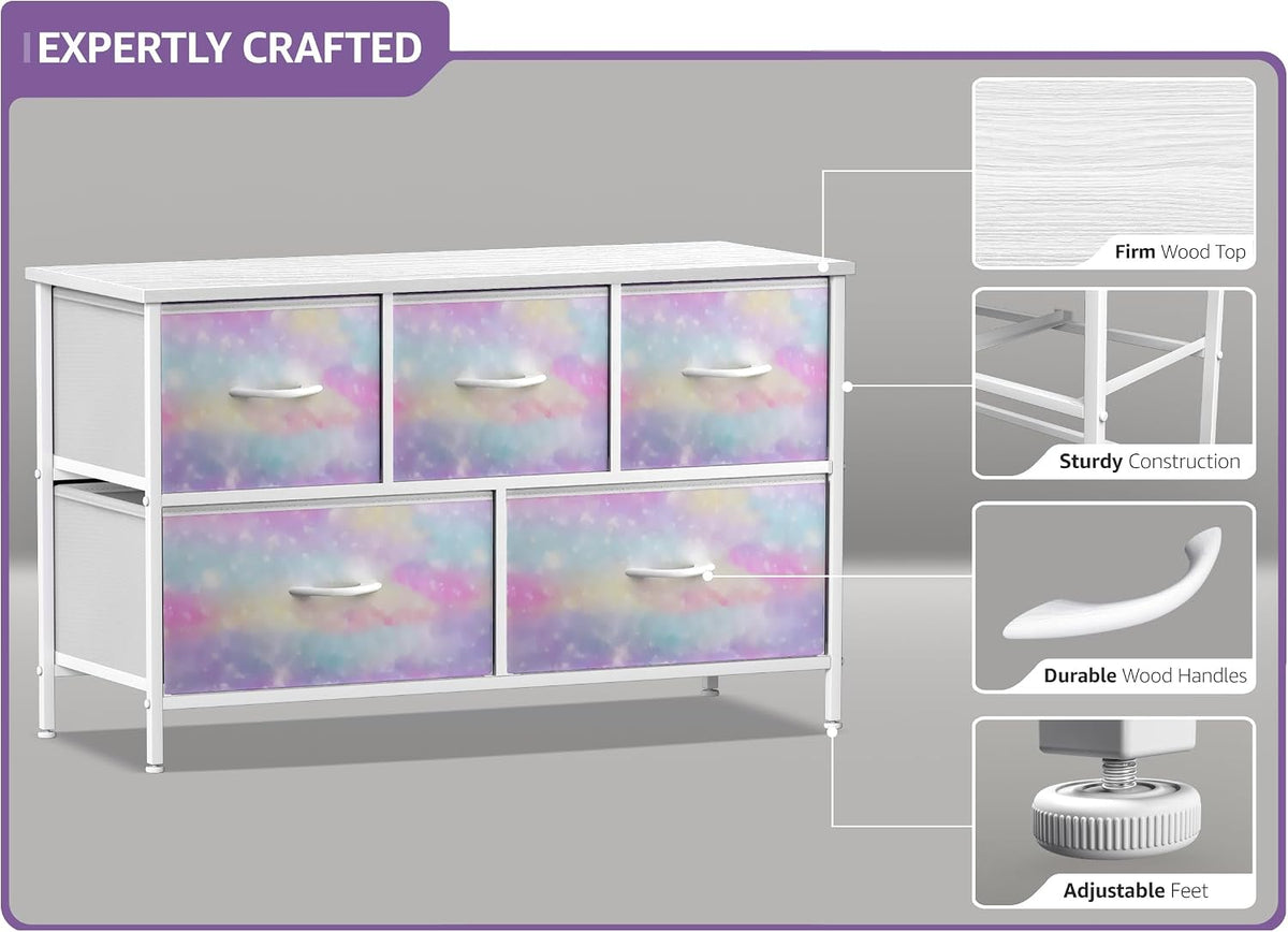 Kids Dresser with 5 Fabric Drawers & Wood Top (Multi Color/White)