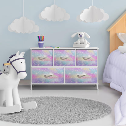 Kids Dresser with 5 Fabric Drawers & Wood Top (Multi Color/White)