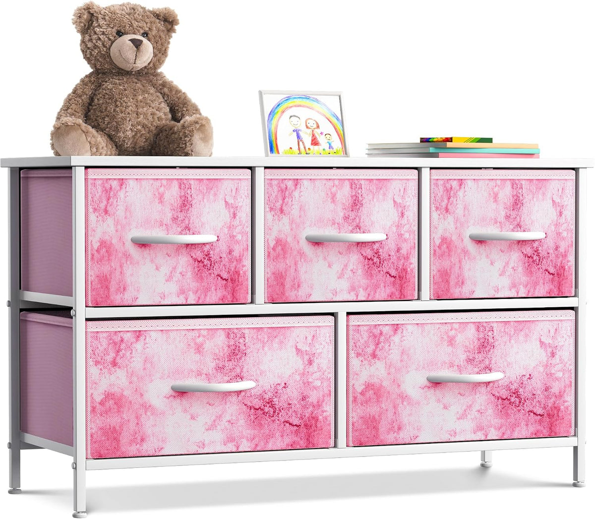 Kids Dresser with 5 Fabric Drawers & Wood Top (Multi Color/White)