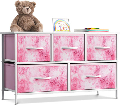 Kids Dresser with 5 Fabric Drawers & Wood Top (Multi Color/White)