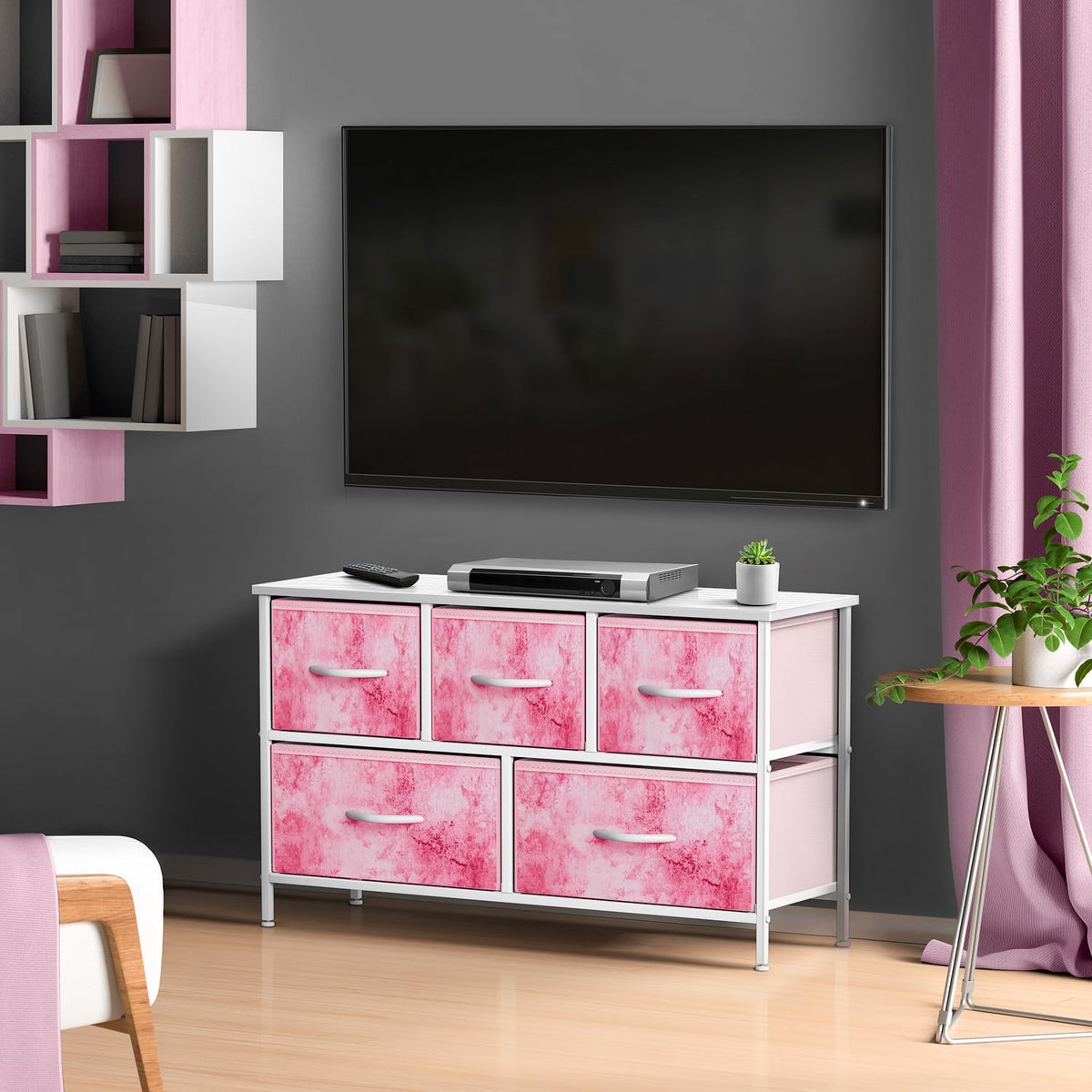 Kids Dresser with 5 Fabric Drawers & Wood Top (Multi Color/White)