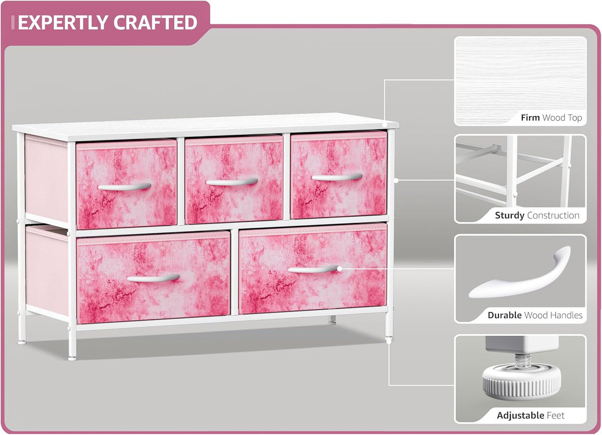 Kids Dresser with 5 Fabric Drawers & Wood Top (Multi Color/White)