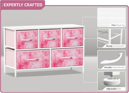 Kids Dresser with 5 Fabric Drawers & Wood Top (Multi Color/White)