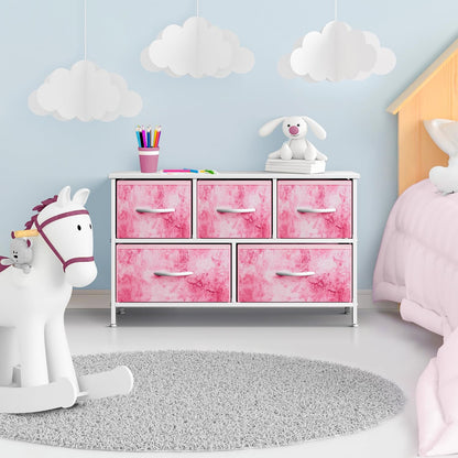 Kids Dresser with 5 Fabric Drawers & Wood Top (Multi Color/White)