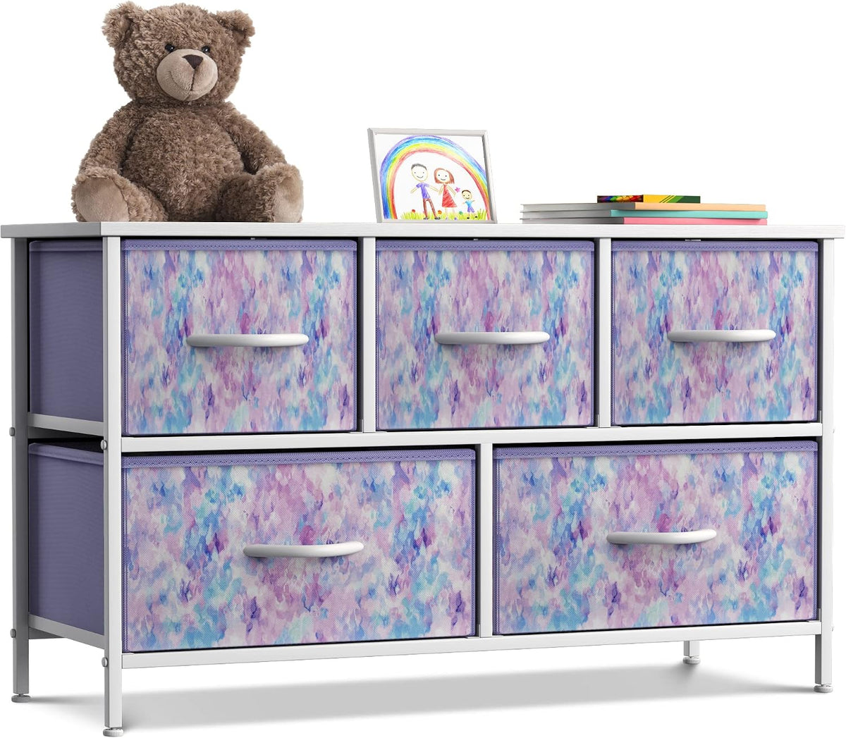 Kids Dresser with 5 Fabric Drawers & Wood Top (Multi Color/White)