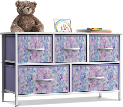 Kids Dresser with 5 Fabric Drawers & Wood Top (Multi Color/White)