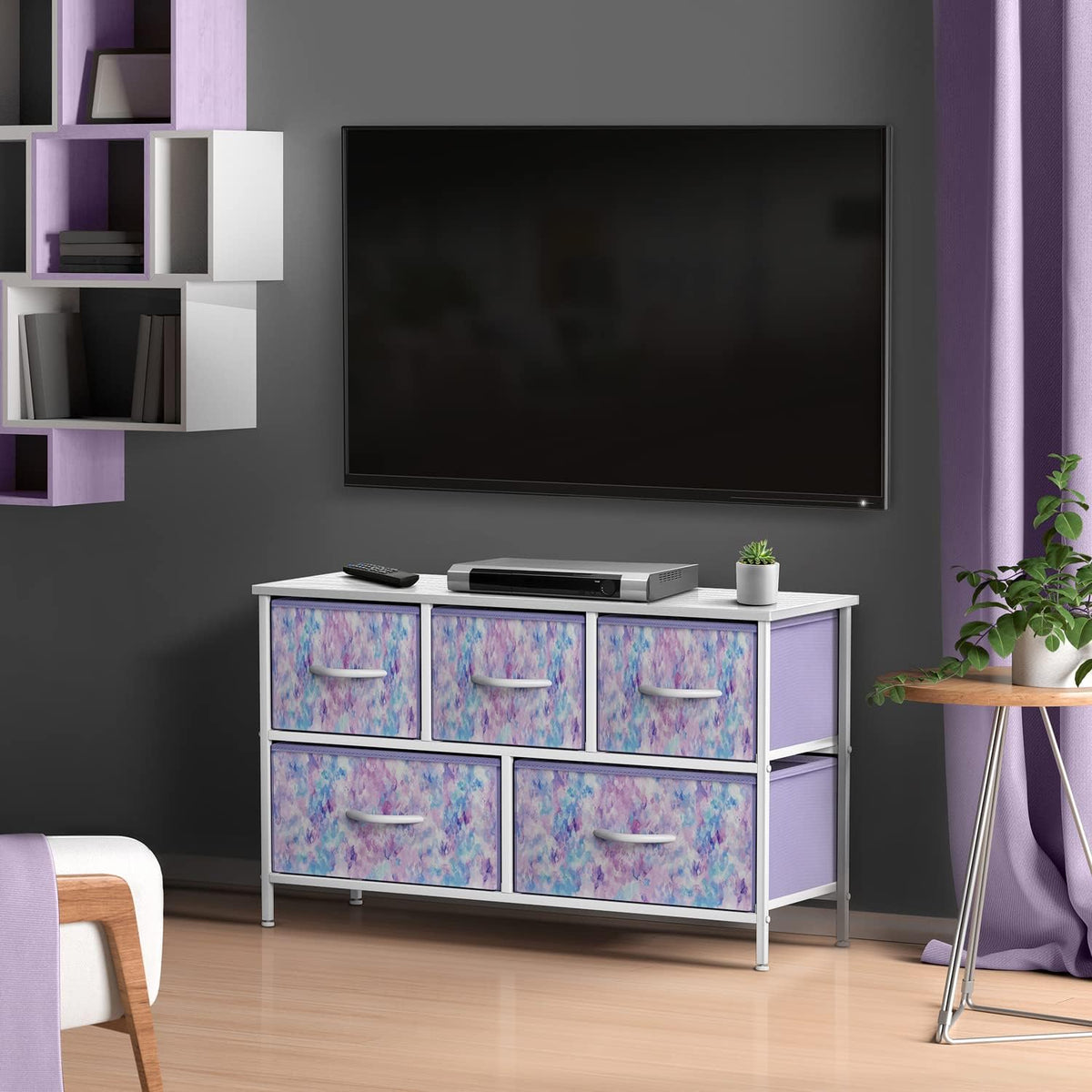 Kids Dresser with 5 Fabric Drawers & Wood Top (Multi Color/White)