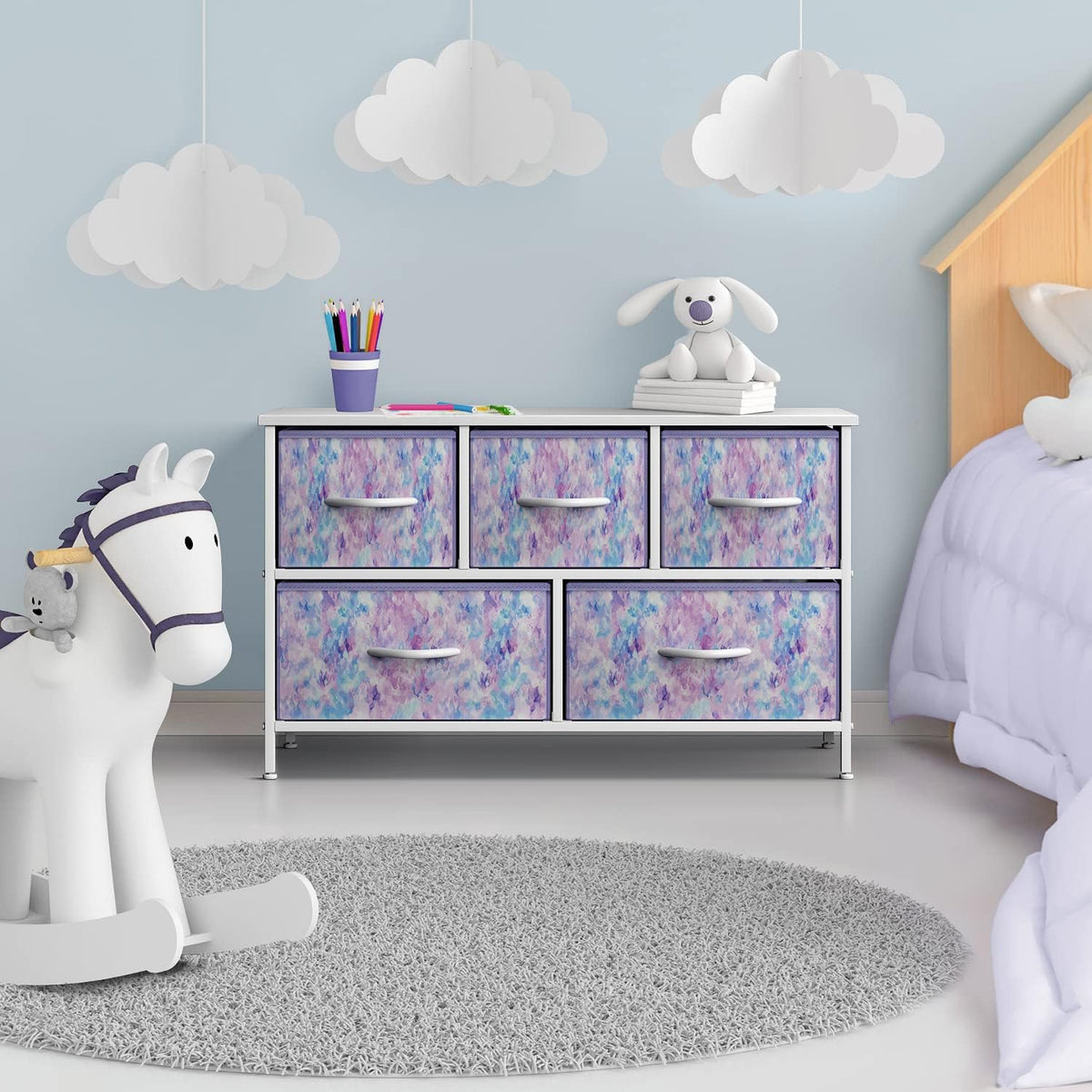 Kids Dresser with 5 Fabric Drawers & Wood Top (Multi Color/White)