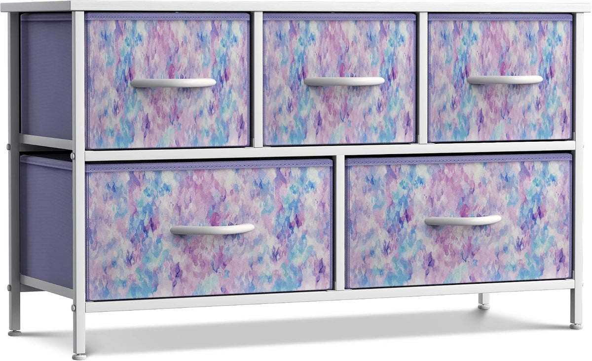 Kids Dresser with 5 Fabric Drawers & Wood Top (Multi Color/White)
