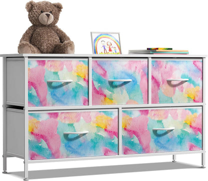 Kids Dresser with 5 Fabric Drawers & Wood Top (Multi Color/White)