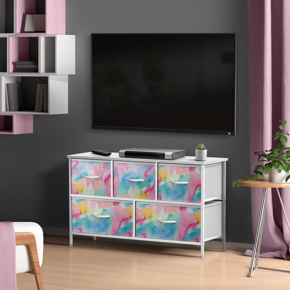 Kids Dresser with 5 Fabric Drawers & Wood Top (Multi Color/White)