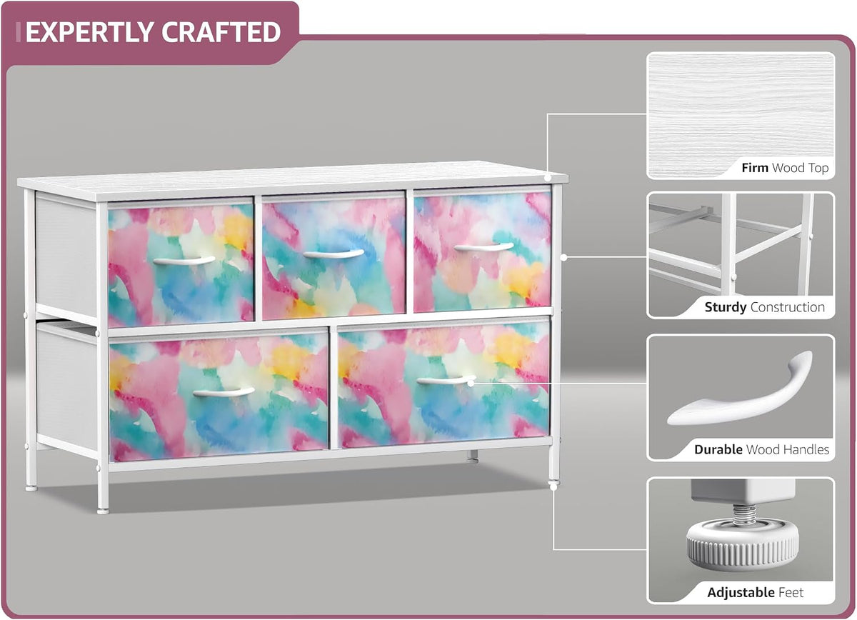 Kids Dresser with 5 Fabric Drawers & Wood Top (Multi Color/White)