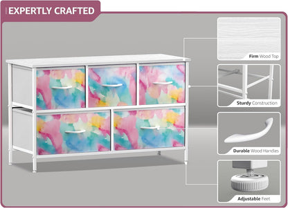 Kids Dresser with 5 Fabric Drawers & Wood Top (Multi Color/White)