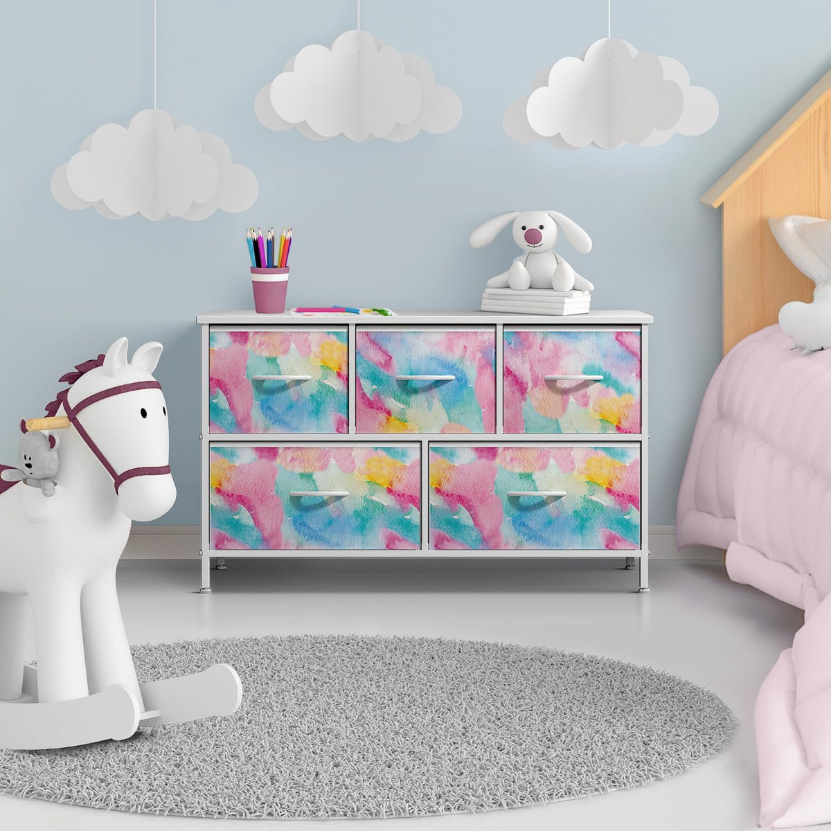 Kids Dresser with 5 Fabric Drawers & Wood Top (Multi Color/White)