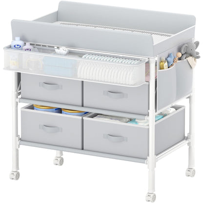 Baby Changing Table with 4 Drawers, Waterproof Diaper Changing Station with Storage, Adjustable Height Baby Changing Station for Mobile Nursery Grey