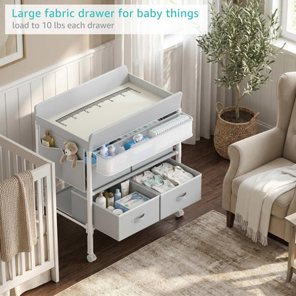 Baby Changing Table with 4 Drawers, Waterproof Diaper Changing Station with Storage, Adjustable Height Baby Changing Station for Mobile Nursery Grey