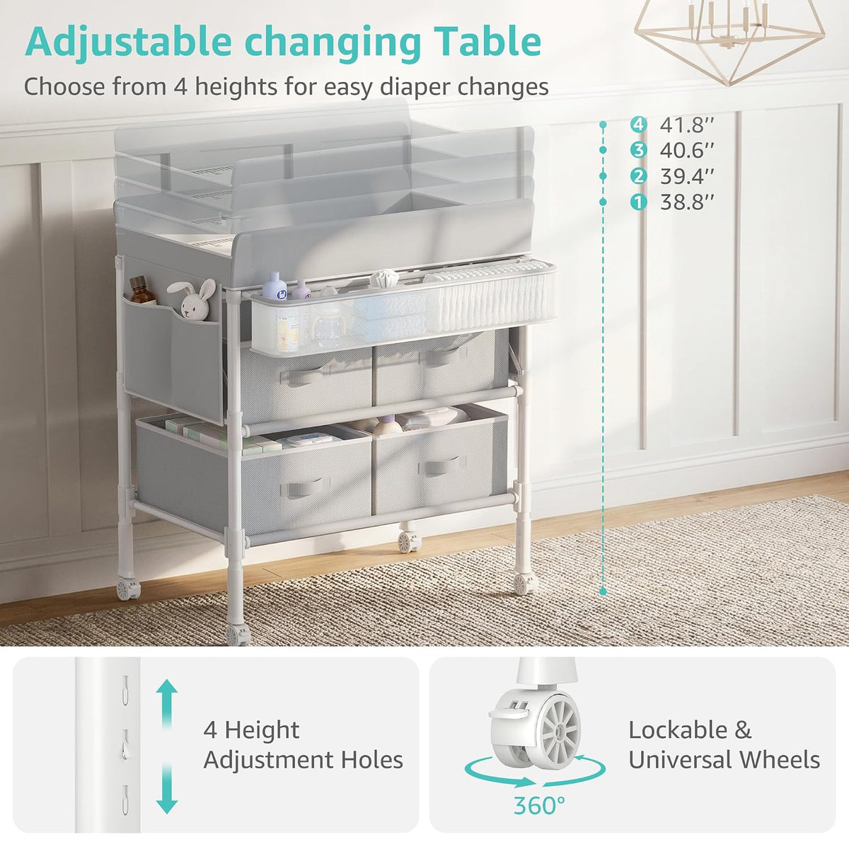 Baby Changing Table with 4 Drawers, Waterproof Diaper Changing Station with Storage, Adjustable Height Baby Changing Station for Mobile Nursery Grey