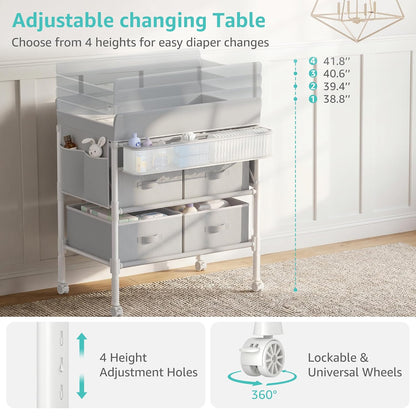 Baby Changing Table with 4 Drawers, Waterproof Diaper Changing Station with Storage, Adjustable Height Baby Changing Station for Mobile Nursery Grey