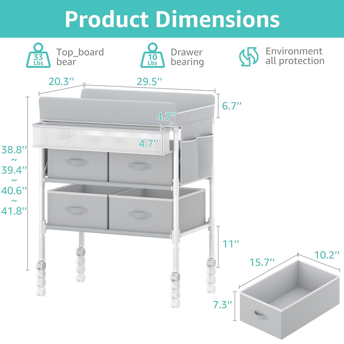 Baby Changing Table with 4 Drawers, Waterproof Diaper Changing Station with Storage, Adjustable Height Baby Changing Station for Mobile Nursery Grey