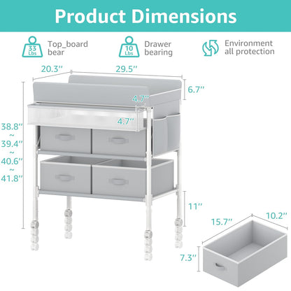 Baby Changing Table with 4 Drawers, Waterproof Diaper Changing Station with Storage, Adjustable Height Baby Changing Station for Mobile Nursery Grey