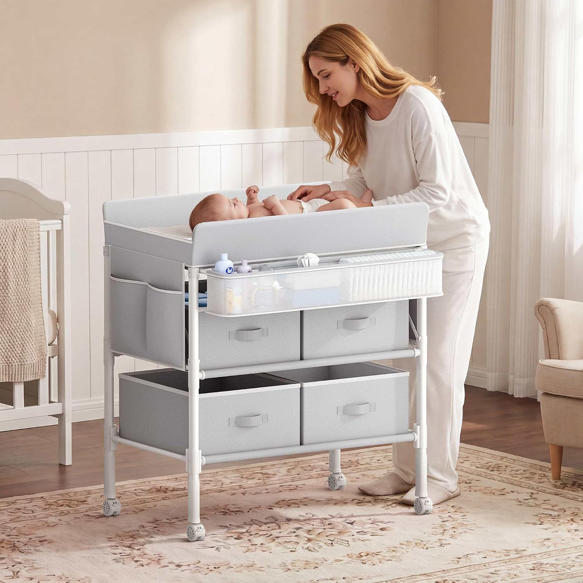 Baby Changing Table with 4 Drawers, Waterproof Diaper Changing Station with Storage, Adjustable Height Baby Changing Station for Mobile Nursery Grey