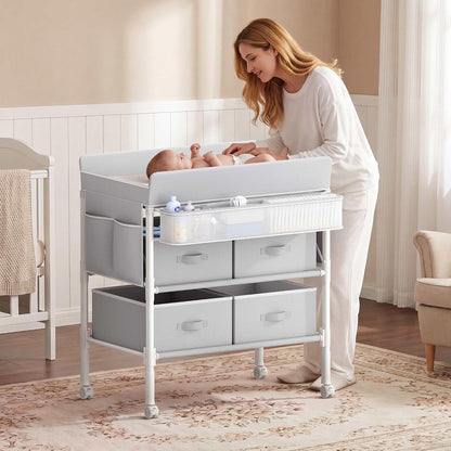 Baby Changing Table with 4 Drawers, Waterproof Diaper Changing Station with Storage, Adjustable Height Baby Changing Station for Mobile Nursery Grey