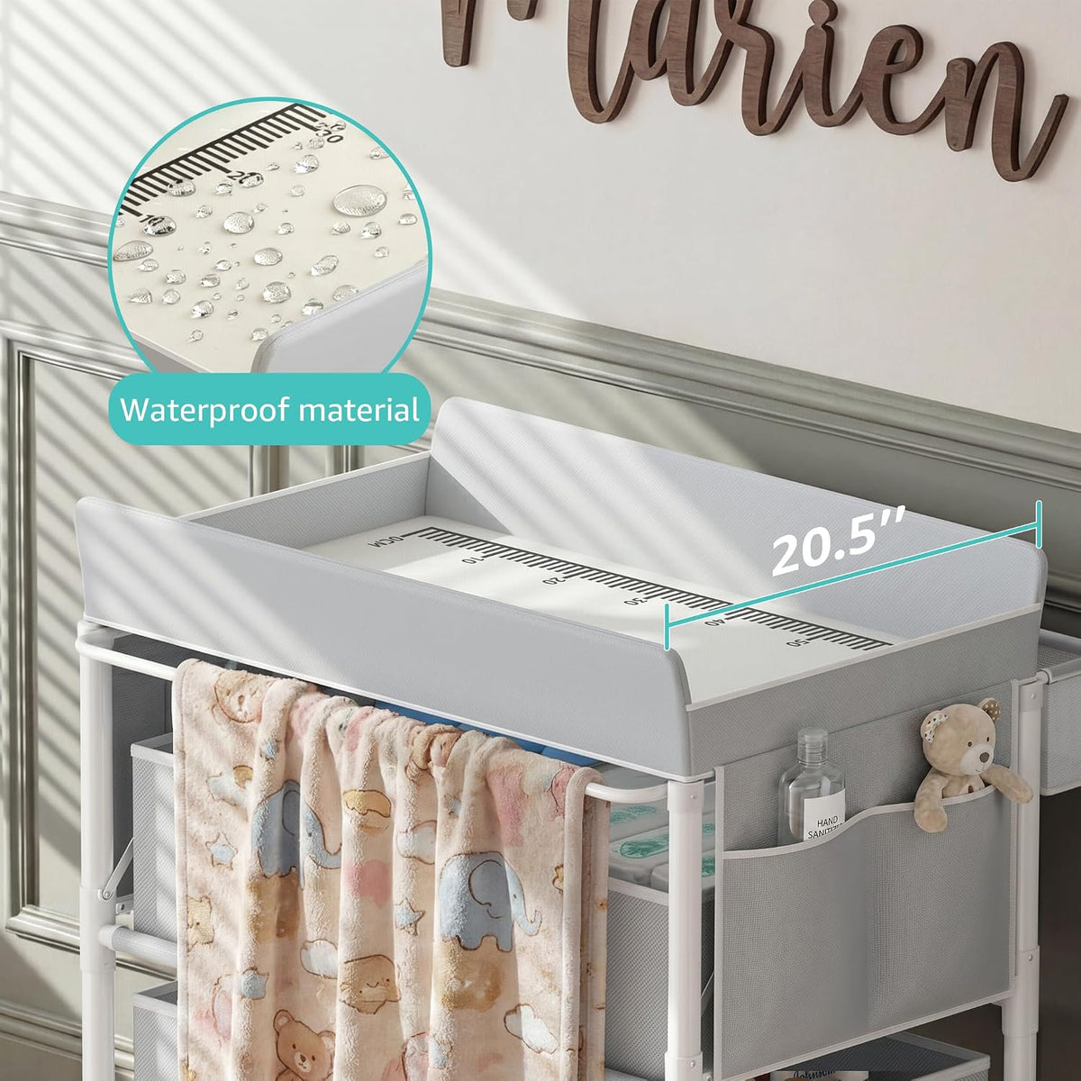 Baby Changing Table with 4 Drawers, Waterproof Diaper Changing Station with Storage, Adjustable Height Baby Changing Station for Mobile Nursery Grey
