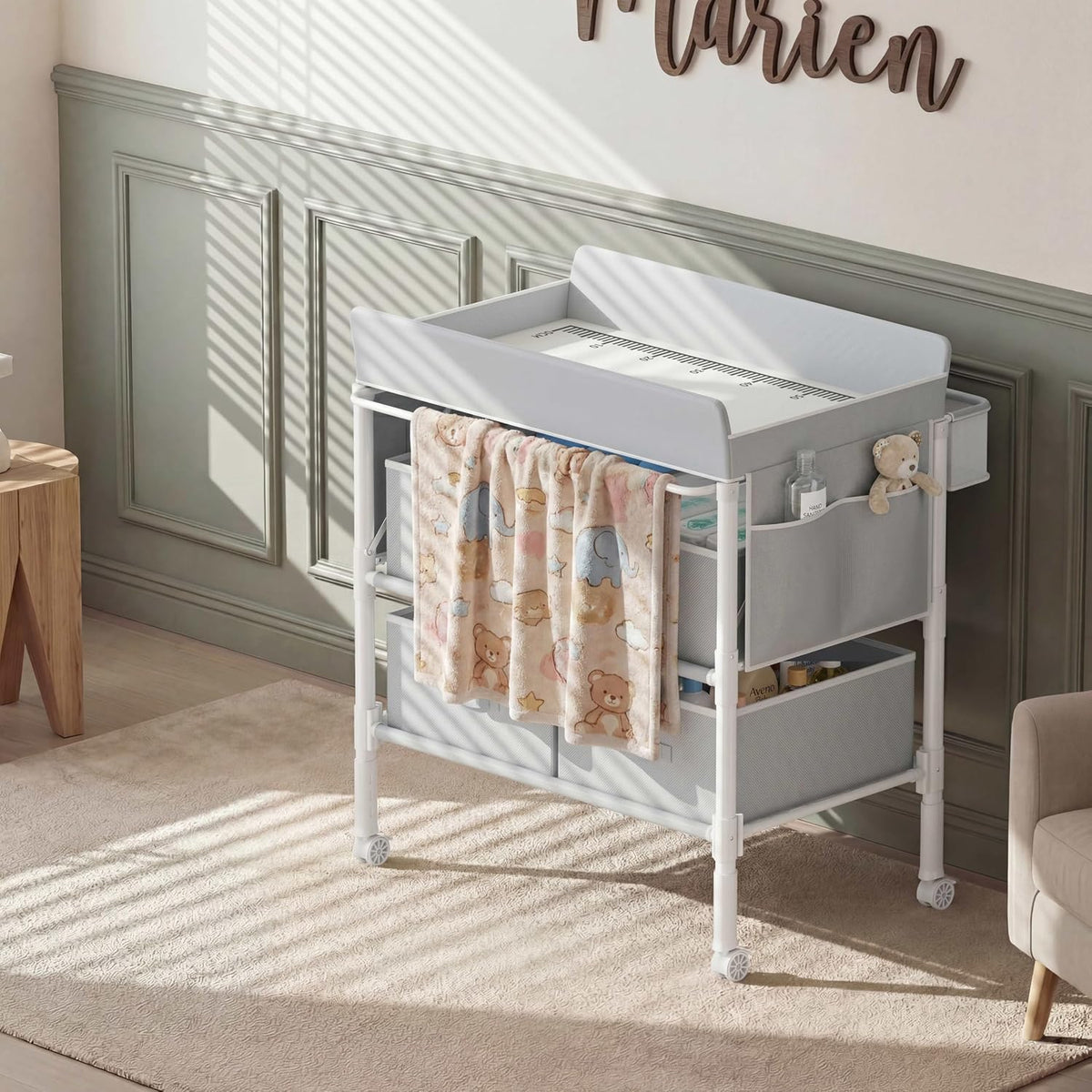 Baby Changing Table with 4 Drawers, Waterproof Diaper Changing Station with Storage, Adjustable Height Baby Changing Station for Mobile Nursery Grey