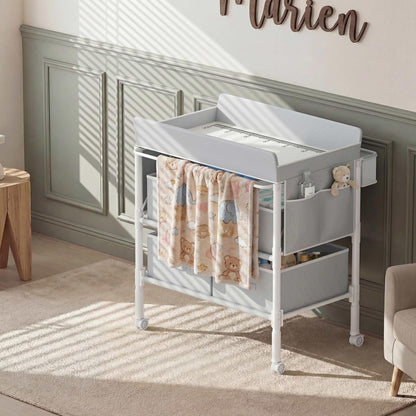 Baby Changing Table with 4 Drawers, Waterproof Diaper Changing Station with Storage, Adjustable Height Baby Changing Station for Mobile Nursery Grey