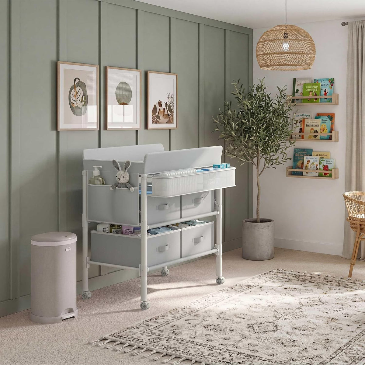 Baby Changing Table with 4 Drawers, Waterproof Diaper Changing Station with Storage, Adjustable Height Baby Changing Station for Mobile Nursery Grey