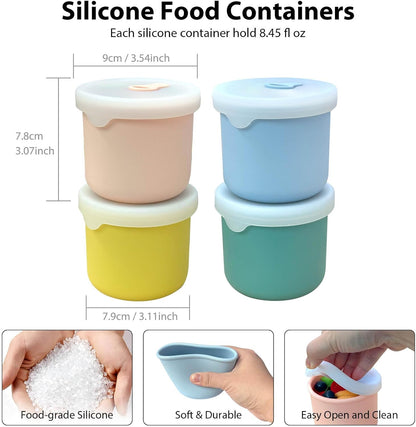 4 Pack 8.5 oz Silicone Food Storage Containers with Lids, 1-Cup Reusable Snack Fruits Containers Cups, Leak Proof Soup Freezer Molds Small Lunch Box BPA Free for Kids Baby Daycare School Travel