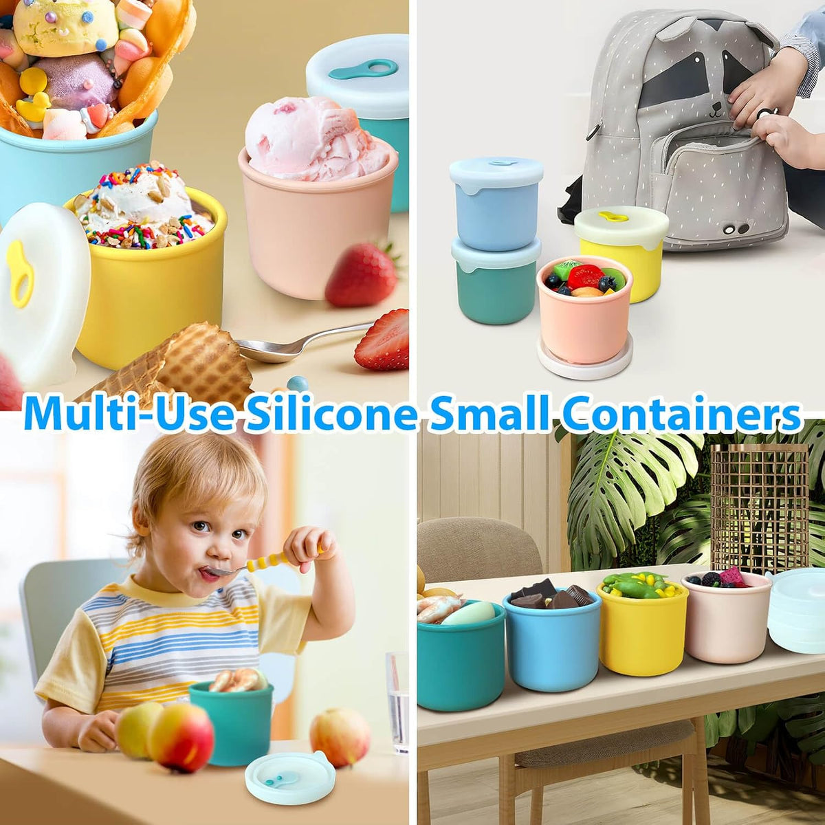 4 Pack 8.5 oz Silicone Food Storage Containers with Lids, 1-Cup Reusable Snack Fruits Containers Cups, Leak Proof Soup Freezer Molds Small Lunch Box BPA Free for Kids Baby Daycare School Travel