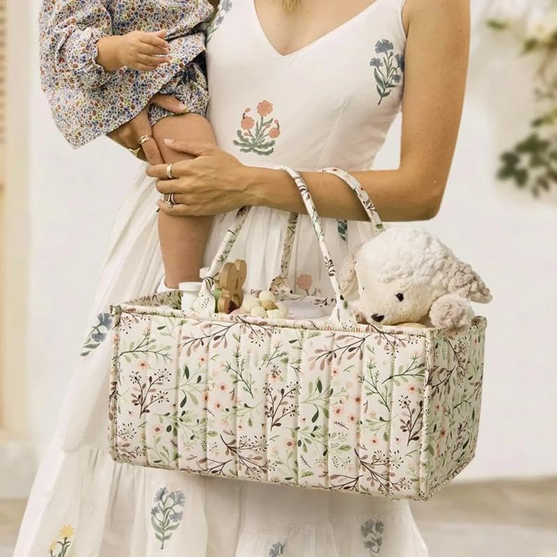Floral Print Diaper Caddy Organizer, Stylish Nursery Storage Basket