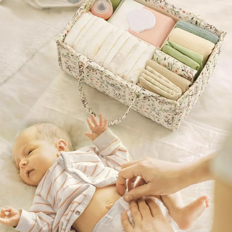 Floral Print Diaper Caddy Organizer, Stylish Nursery Storage Basket