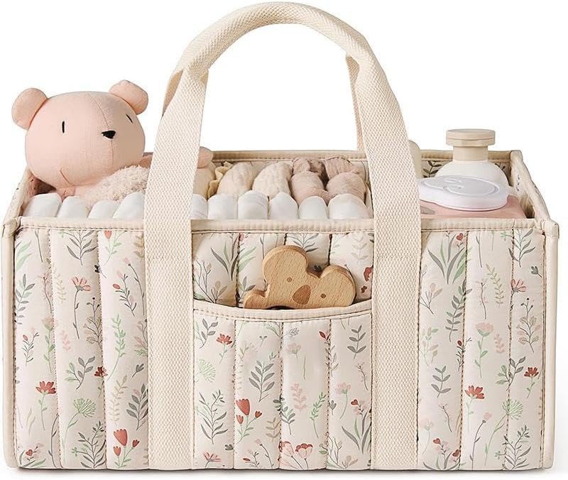 Floral Print Diaper Caddy Organizer, Stylish Nursery Storage Basket